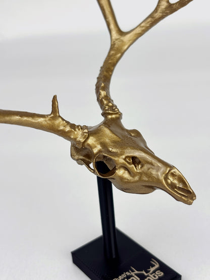 gold replica mini white tail statue, gold replica mini mount, bronze deer mount, bronze mule deer mount, bronze elk statue, custom, elk, mini mount, muley, moose, gold dipped, elegant, close-up angle