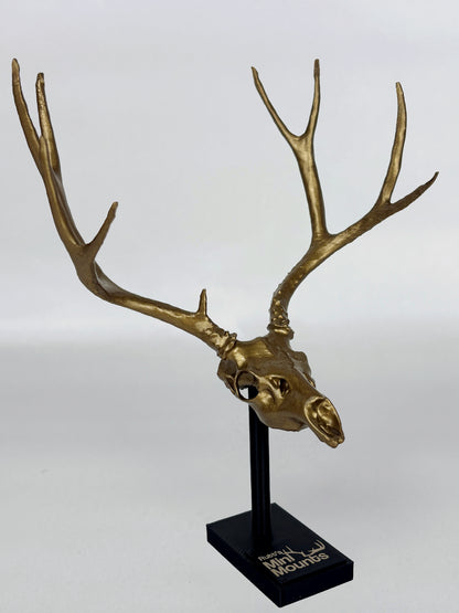 gold replica mini white tail statue, gold replica mini mount, bronze deer mount, bronze mule deer mount, bronze elk statue, custom, elk, mini mount, muley, moose, gold dipped, elegant, from far away angle